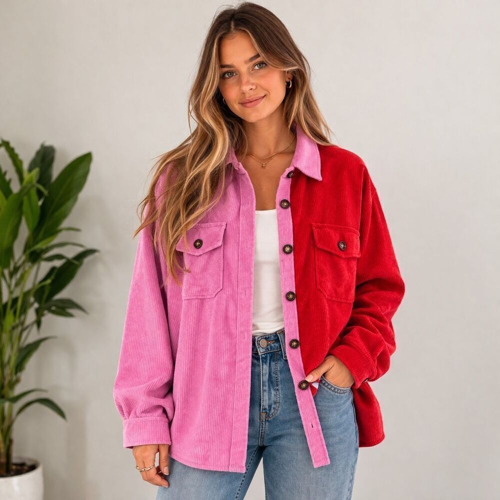 CHICSOUL Corduroy Colorblock Shacket Pink Red Oversized 3XL